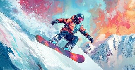 abstract snowboarder digital painting, repeating tiled patterns design, flat illustration, realistic image, powerful and capitviating