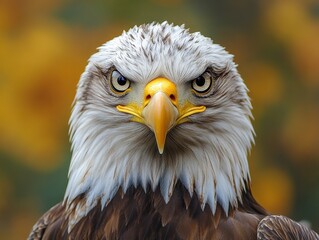 Obraz premium A majestic eagle with a sharp stare is captured up close, displaying its vibrant plumage and intense gaze against a soft, autumnal golden background that enhances its powerful presence.