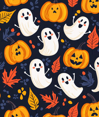 Halloween cute ghosts, pumpkin and flower pattern. Autumn halloween background