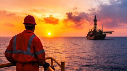 A worker in safety gear stands on a platform, gazing at an offshore oil rig silhouetted by a vibrant sunset. The scene reflects the intersection of nature and industrial work at sea