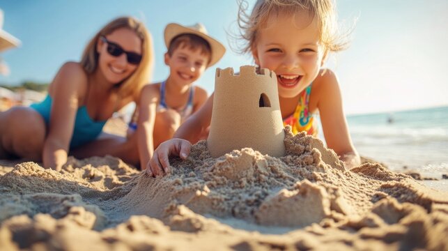 A cheerful child smiles as they construct a sandcastle with parents nearby, all enjoying the warm sun and gentle waves on a summer afternoon at the beach