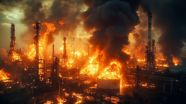 industrial fire at an oil refinery or chemical plant. Huge flames engulf large storage tanks, thick black smoke billowing into the sky