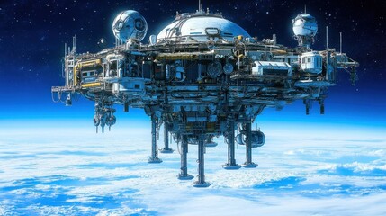 A detailed exploration of a futuristic space station hovered high above Earth, featuring intricate designs, antennas, and solar panels, surrounded by a starry sky