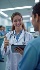 Fototapeta premium Smiling female doctor showcases new medical technology on a tablet while discussing with a colleague in a modern hospital. Ideal for promoting healthcare innovations, medical articles, and technology 