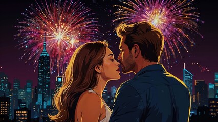 Couple sharing a romantic moment with fireworks in the background of a city skyline