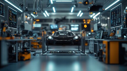 Fototapeta premium Automated testing setup with car electronics components in a modern lab with bright lighting and analysis screens.