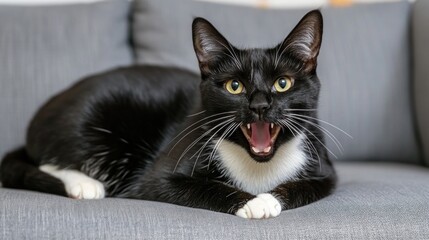 A black and white cat relaxes on a gray couch, excitedly vocalizing with a wide-open mouth, showcasing its playful personality in a comfortable living space