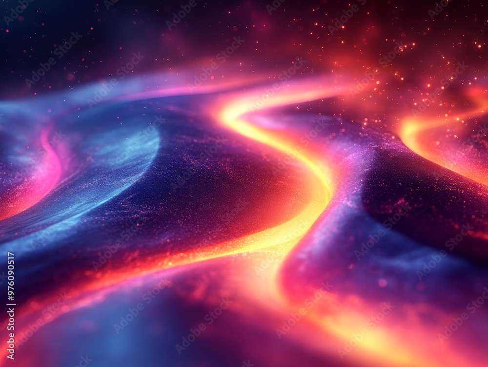 Poster a mesmerizing image of glowing neon waves undulating across a surreal, abstract landscape in hues of
