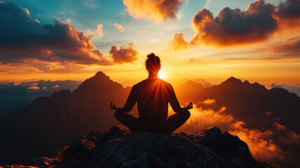 Obraz premium A peaceful yoga session on a mountain peak at sunrise, symbolizing health and mindfulness