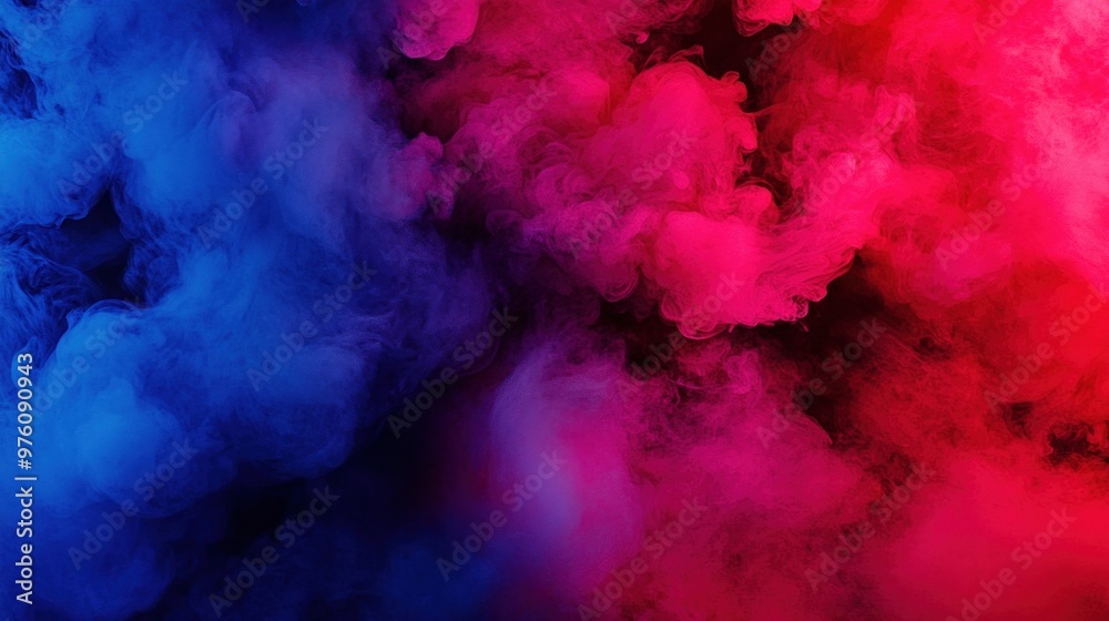Fototapete Swirling clouds of blue and pink smoke intertwine against a dark backdrop, creating a striking and dynamic display of color and movement, captivating the viewer's attention