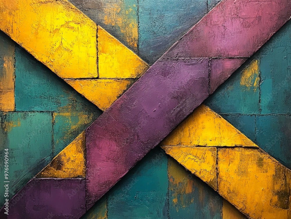Aufkleber This image showcases a collection of colorful geometric blocks in shades of purple, yellow, and turquoise arranged in a striking and textured pattern on a modern abstract canvas.