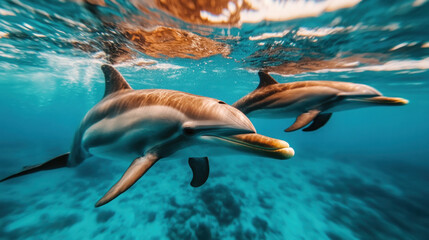 A playful group of dolphins swimming and jumping in the ocean, reflecting their natural joy