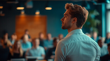 Fototapeta premium man speaking on a business training standing in office during a conference or seminar for a group of diverse people company employees sitting on chairs in meeting room.