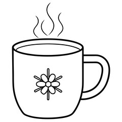 A hot cocoa mug with steam rising from it and a small snowflake pattern on the mug’s surface vector