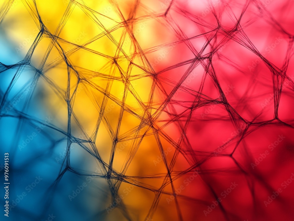Aufkleber An image displaying a multicolored abstract network of mesh lines featuring vibrant hues of red, yellow, and blue, creating a sense of depth and complexity.