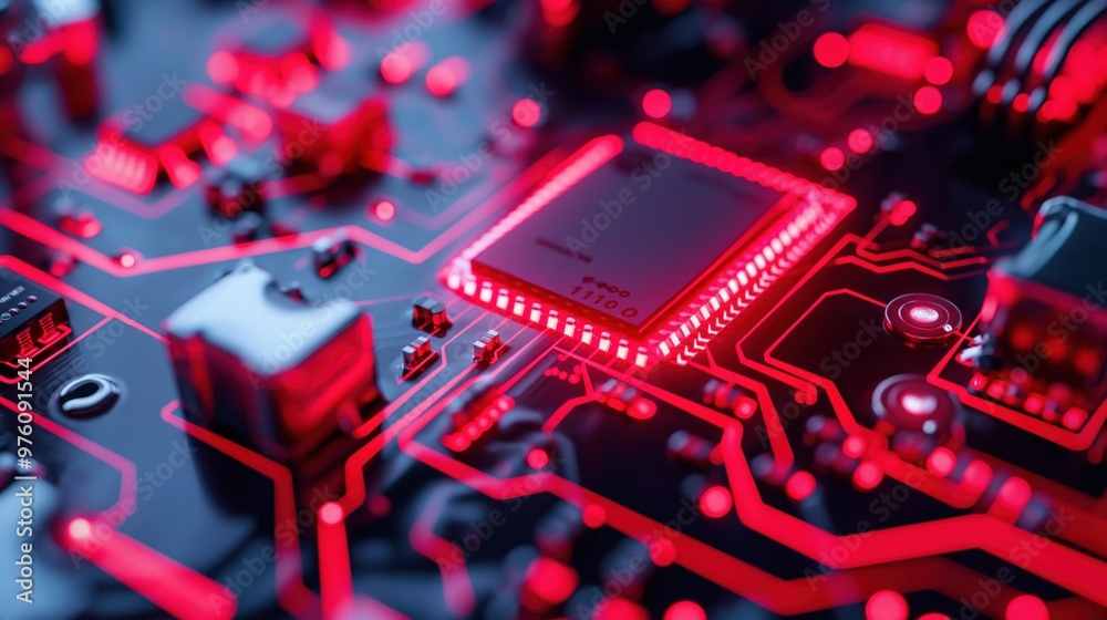 Poster a detailed view of a circuit board showcases glowing red components, emphasizing the complexity of m