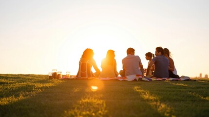 Obraz premium A group of friends sits together on a blanket, enjoying each otherвЂ™s company while the sun sets in the background, casting a warm glow over the scene