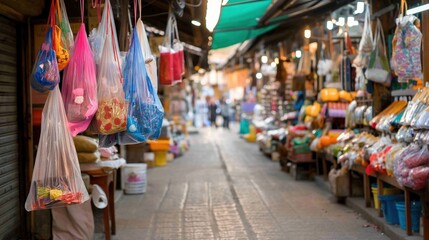 Obraz premium The lively atmosphere of a bustling market street features shelves lined with various goods and colorful bags hanging overhead, showcasing a vibrant trading environment