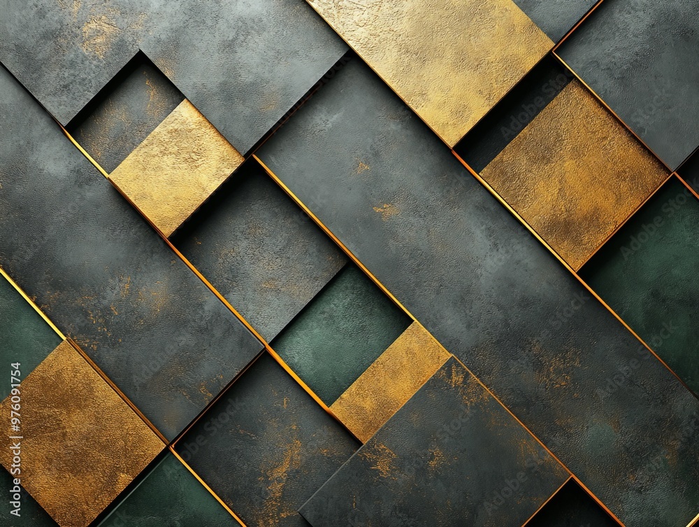 Poster a detailed abstract image showcasing a geometric pattern with gold and dark textures, evoking feelin