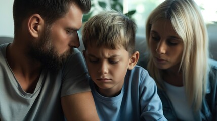Obraz premium Parents comforting a child after a bullying incident, expressions of love and protection, promoting anti-bullying awareness and child safety, home setting with supportive atmosphere