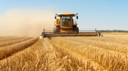 Obraz premium A large combine harvester is actively harvesting wheat in a golden field, creating a cloud of dust under a bright blue sky while working efficiently through the rural landscape
