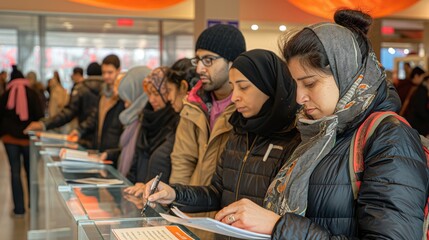 Refugees receiving legal assistance from volunteers, expressions of hope and worry, sense of seeking protection and rights, indoor setting with documents and legal advisors, focus on refugee rights