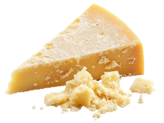 A wedge of parmesan cheese with crumbled pieces, isolated on white background. PNG transparent.