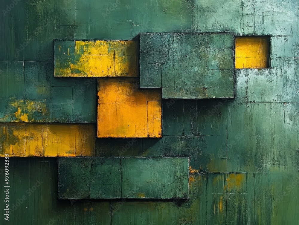 Aufkleber An abstract representation of green and yellow blocks arranged in varying levels, showcasing a structured yet artistic design that plays with depth and dimension.