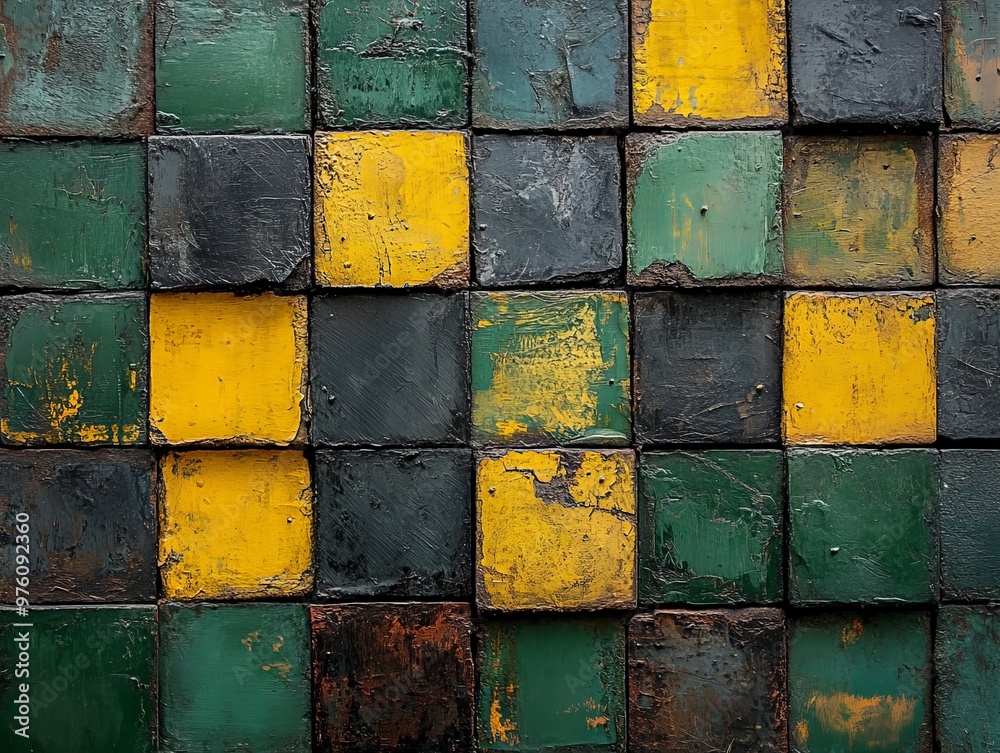 Aufkleber This image features a grid pattern composed of weathered green and yellow blocks, creating a rustic and artistic texture that speaks to history and aged beauty.