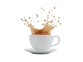 White cup with coffee splashing out, dynamic movement, isolated on a white background. PNG transparent.