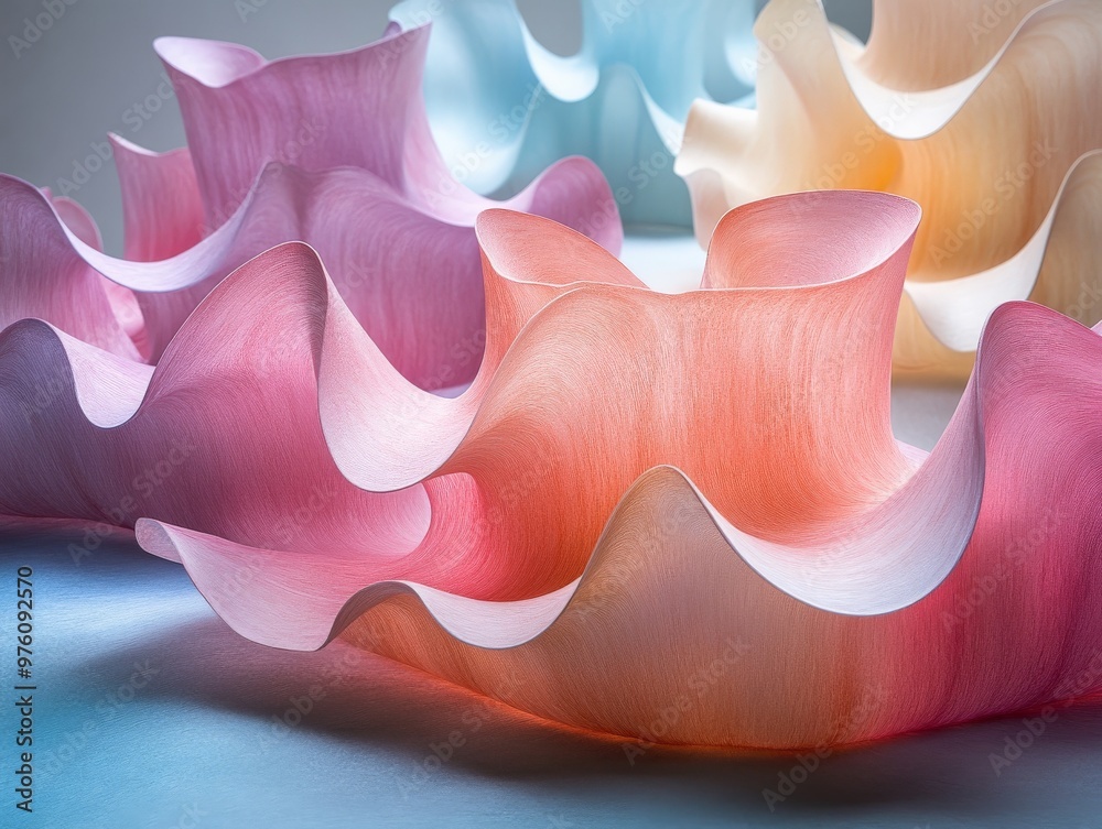 Poster An intricate abstract image featuring graceful, colorful shapes arranged in a sculptural manner, evoking a sense of balance and harmony within a modern artistic framework.