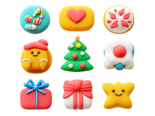 Obraz premium Set of Christmas icons including a tree, gingerbread man, gift, snowflake, and ornaments. PNG transparent.