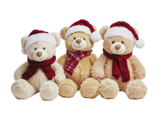 Three teddy bears wearing Santa hats and scarves, sitting in a row, isolated on white background. PNG transparent.