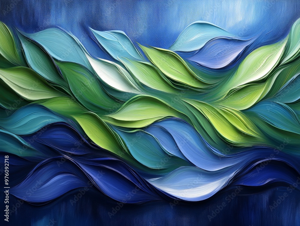 Poster An abstract painting featuring flowing leaf-like shapes in varying shades of blues and greens, creating a dynamic and harmonious composition filled with movement.