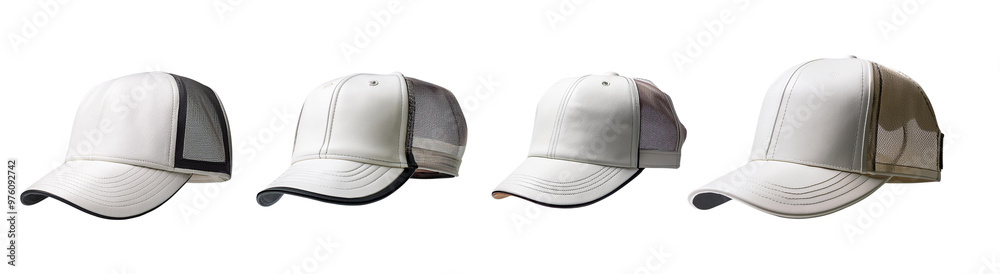 Wall mural a set of four white baseball caps with different angles, showcasing front, side, and back views on a