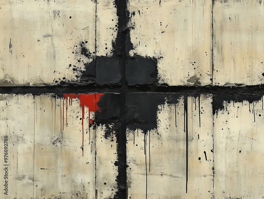 Poster abstract painting featuring bold geometric shapes with a dominant black cross intersected by vibrant
