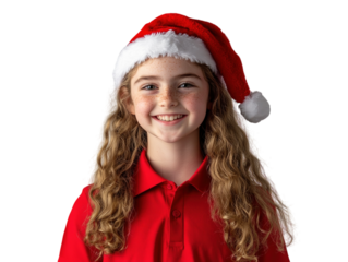 Smiling girl wearing a red Santa hat and shirt, isolated on white background. PNG transparent.