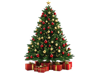 Beautifully decorated Christmas tree with red and gold ornaments and gifts underneath. PNG transparent.