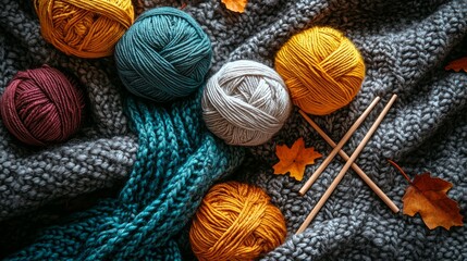 Colorful Yarn Balls with Knitting Needles and Autumn Leaves on a Knitted Blanket