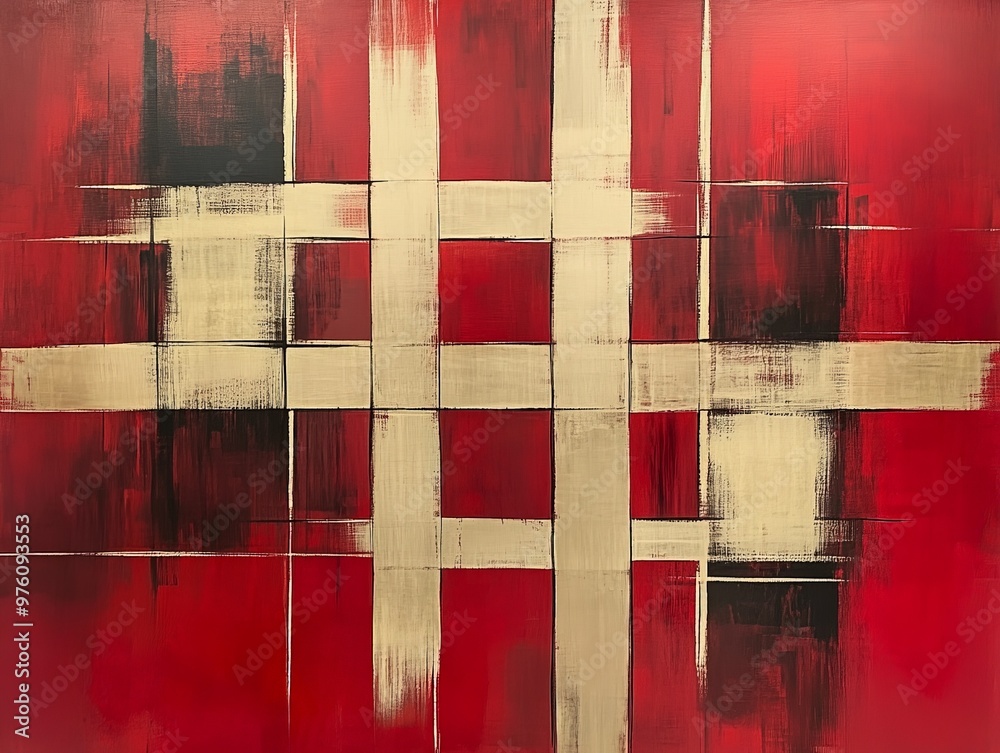 Poster A visually striking abstract painting featuring bold red and beige geometric brush strokes, creating a modern and intense composition rich in texture and contrast.
