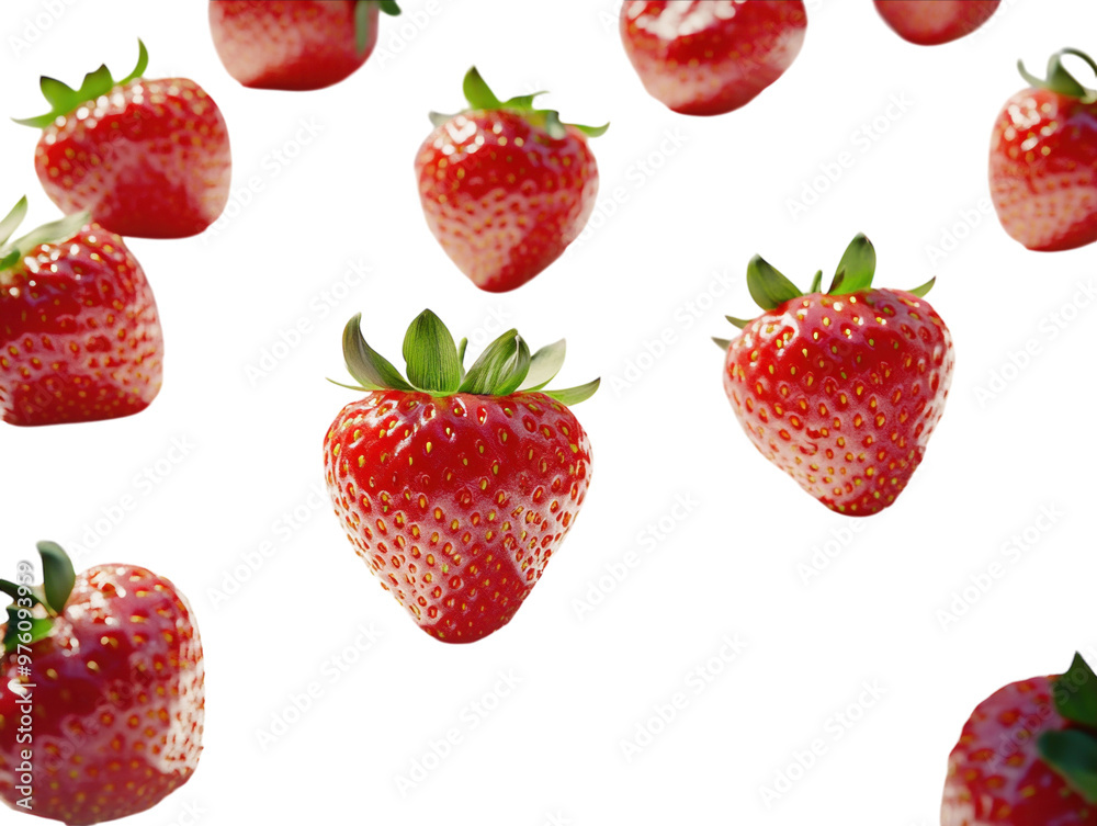 Wall mural fresh red strawberries scattered on a white surface, with copy space. png transparent.