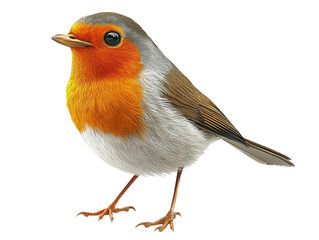 European robin with orange chest and grey feathers, standing on a white background. PNG transparent.