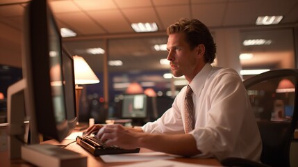 Fototapeta premium In a quiet office, a man is deeply engaged in his work late at night, typing on a keyboard while illuminated by desk lamps and computer screens