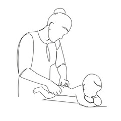 One continuous single drawing line art flat doodle mother, massaging, newborn, doctor, people, lifestyle, horizontal, care. Isolated image hand draw contour on a white background
