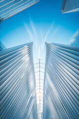 Fototapeta premium image captures stunning architectural view, showcasing sleek lines and modern design elements against clear blue sky. composition emphasizes upward perspective, creating sense of awe and inspiration