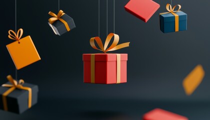 Colorful gift boxes are beautifully suspended against a dark background, creating a festive vibe perfect for celebrations.