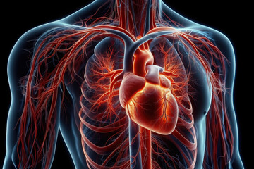 Human heart in a schematic section. Circulatory cardiovascular system.