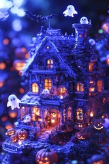 Fototapeta premium Illuminated Halloween haunted house in snowy night scene with pumpkins and ghosts