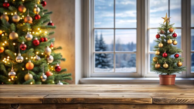 Empty table in front of a blurred window sill with a festive Christmas tree in background
