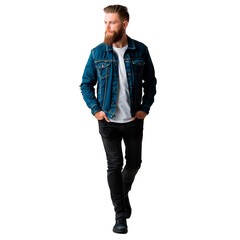 Fototapeta premium A young bearded man in a denim jacket and black jeans walking, isolated on a transparent background. Symbolizes modern style, confidence, and fashion.